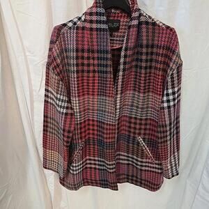 Rachel Zoe Pink Red Plaid Print Wool‎ Luxe Boho Glam Retro Oversized Coat L